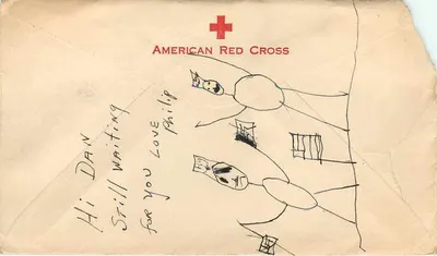 Carta postal de guerra — American Red Cross — desenho de criança — destinada a Dan Corcoran em San Francisco — Verso