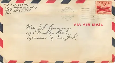 Envelope aéreo — U.S.S. BILMORE (AS-16) — Base Naval, Key West, FL — 1954