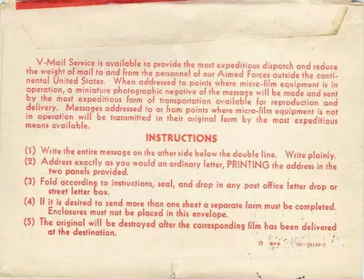 Serviço V-Mail — Instruções — Serviço Postal do Exército dos EUA, 1944 — Verso