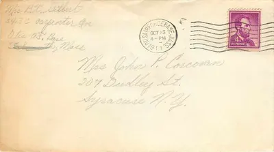 Envelope postal — Estados Unidos — 1943 — Selos Lincoln 4 centavos — Carimbo 'USA AIR FORCE BASE OCT 23 1943'
