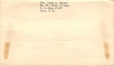 Schofield Barracks, Havaí — carta postal aérea censurada — C.A. Armstrong, 1942 — Verso