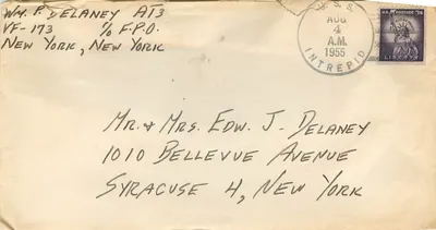 Carta postal enviada do U.S.S. Intrepid — 4 de agosto de 1955 — editor não visível