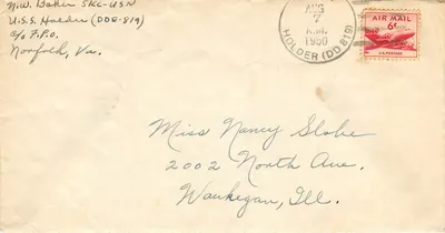 U.S.S. Haider (DDE-819) — Norfolk, Va. — correio aéreo 6¢ — datado 7 de agosto de 1950