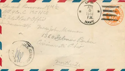 Carta postal aérea — Editor não visível — datada 5 de abril de 1944