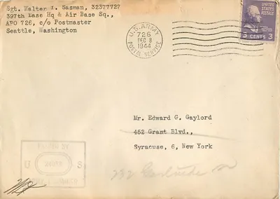 Carta postal militar — APO 726, Seattle — U.S. Army Postal Service