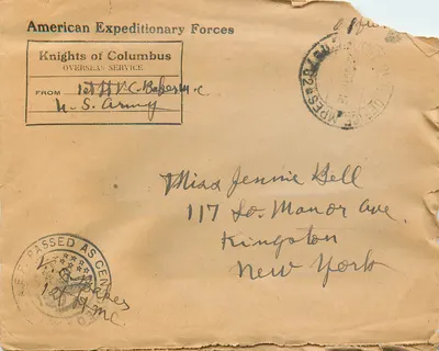 Carta postal da Força Expedicionária Americana — Cavaleiros de Colúmbia Serviço no Exterior — enviada do exército americano — destinada a Senhorita Jennie Bell em Kingston (Nova York)