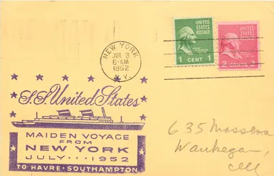 Viagem inaugural de Nova York para Havre — S.S. United States — edição especial 1952