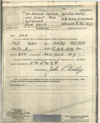 Formulário de endereço militar americano — APO 654, N.Y. — W. D. A. G. O. Form No. 971