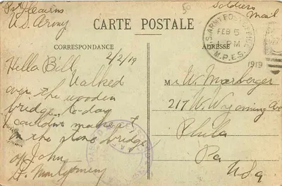Bilhete postal antigo St Mihiel O ponte e a passarela Cachet US Censor — Verso