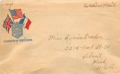 Correio dos Soldados — Knights of Columbus — Senhorita Sylvia Graden, Detroit, Mich. U.S.A.