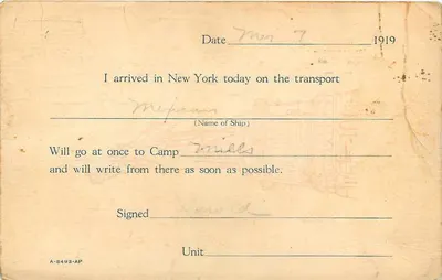 Correo de soldados — Departamento YMCA para la recepción de tropas regresadas — New York — Reverso