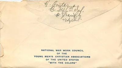 Tarjeta postal americana — bandera americana — Consejo Nacional de Trabajo de Guerra de las Asociaciones Cristianas de Jóvenes — enviada a Chicago en 1917 — Reverso