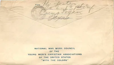 Camp Logan, Texas — tarjeta postal militar — National War Work Council of the Young Men's Christian Associations — Reverso