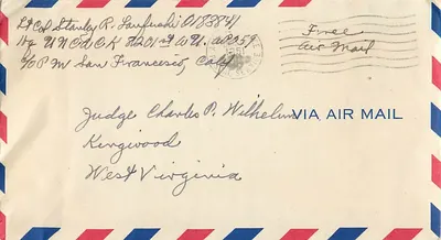 Envelope aéreo — San Francisco (Califórnia) — destinado a Judge Charles P. Wilhelmus em Kengwood (Virgínia Ocidental) — datado 1951