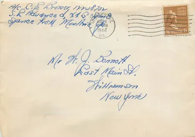 Envelope postal — S.H. Rhauyace d. X.T.G. Nondie, Spence Field, GA — cerca de 1944