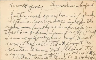 Correspondência de soldados — Correspondência de soldado na Inglaterra — Miss Margorie Larkin, Pittsford, N.Y. — Verso