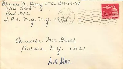 Envelope aérea — Marinha dos EUA — selo de correio aéreo de 8¢ — destinatário em Aurora, N.Y.