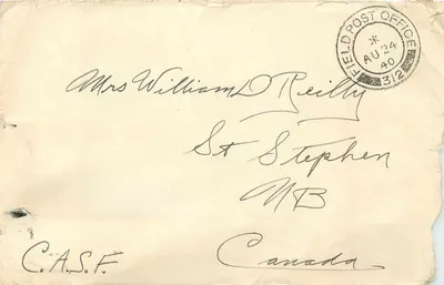 Carta postal militar — Campo da 1ª Divisão Canadense — 24 de agosto de 1940 — The Carlton & York Regiment