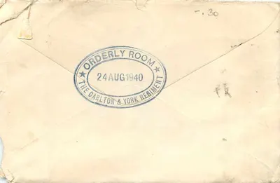 Carta postal militar — Campo da 1ª Divisão Canadense — 24 de agosto de 1940 — The Carlton & York Regiment — Verso