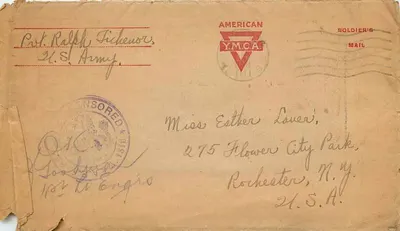 Carta postal militar americana — YMCA — destinada à Miss Esther Lauer, Rochester, N.Y. — editor YMCA, número de série não visível
