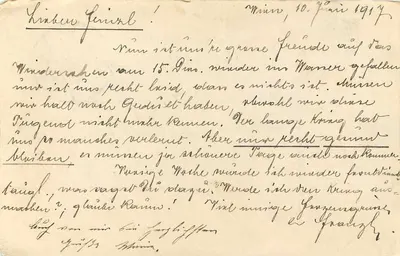 Mühlgeboren — Carta de Correspondência Militar — Carta de Campo emitida em Viena, 10 de junho de 1917 — Verso