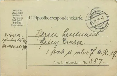 Carta postal de Feldpost — Odești, 5 de junho de 1918 — destinada a Spiny Corra