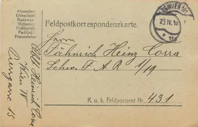 Carta postal de Feldpost — Feldpostkorrespondenzkarte — enviada de Tschwien (Tchecoslováquia) em 23 de abril de 1918