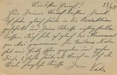 Carta postal de Feldpost — Feldpostkorrespondenzkarte — enviada de Tschwien (Tchecoslováquia) em 23 de abril de 1918 — Verso