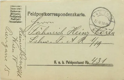 Carta de correspondência militar de campo — Viena, 22 IV. 18 VIII — Posto de correio militar nº 431