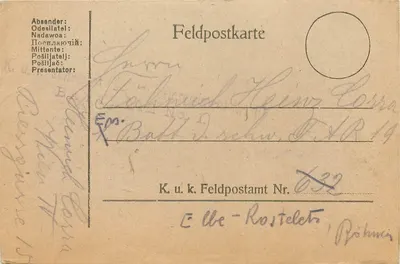 Carta postal de campo — Feldpostkarte — enviada de Rosteleț, Romênia, em torno de 1917