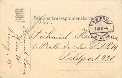 Carta de correio de campo — Odesa, 7 de julho de 1917 — Correio de campo 431, Viena 50