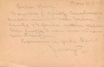 Carta postal militar — Feldpostkarte — K. K. Reichs- und Schutzregiment 5 Schwadron — datada 23-9-18 — Verso