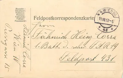 Feldpostkorrespondenzkarte — Feldpost do 1º Batalhão de Reserva, 431 — edição militar austríaca