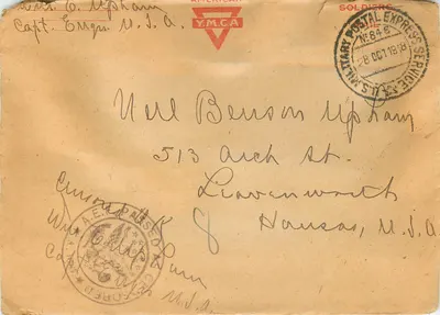 Carta postal militar — Y.M.C.A. — destinada a um capitão em Lawrence, M.I.A.