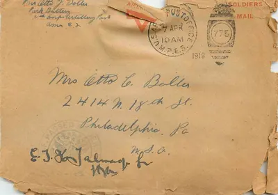 Carta postal militar — Soldados americanos — 4º Corpo de Artilharia — Campo de Sompès, França — 1919