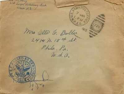 Carta postal militar — 4º Corpo de Artilharia, Amer. A.F. — U.S. Army Post Office, 7 de janeiro de 1919