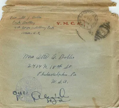 Carta postal Y.M.C.A. — 4º Corpo de Artilharia — datada 1919 — Filadélfia, Pensilvânia