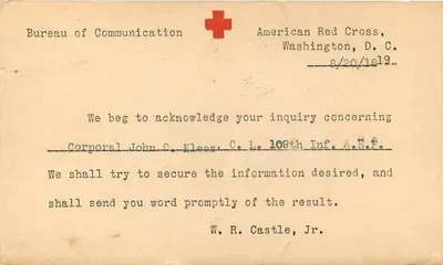 Carta postal da Cruz Vermelha Americana — Washington D.C. — 1918 — Verso