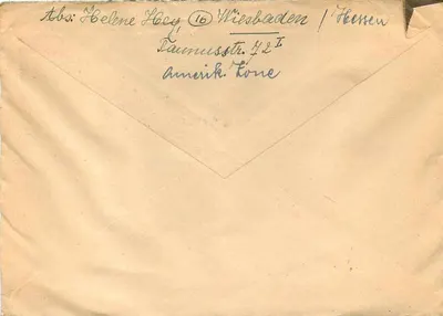 Cartão postal alemão — enviado de Wiesbaden para Narrowsburg — editor desconhecido, número de série não visível — Verso