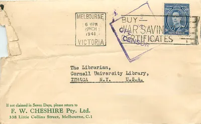 Melbourne — Carta censurada para a Cornell University Library — F.W. Cheshire Pty. Ltd.