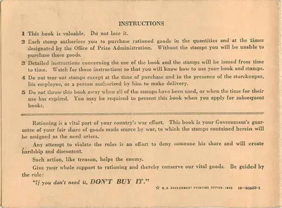 युद्ध राशन कार्ड — संयुक्त राज्य अमेरिका — 1942 — प्राइस एडमिनिस्ट्रेशन कार्यालय — पीछे