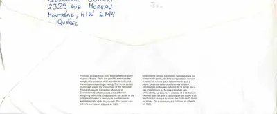 Postal Scales — Canadian Museum of History — publisher: Canada Post, no. 39 — Back