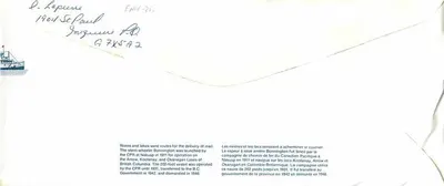 Steamer Bonnington — Canada Post 1984 — publisher Canada Post — Back