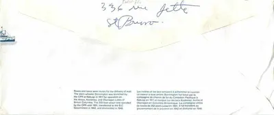 Vapor Bonnington — Companhia do Caminho de Ferro Canadense do Pacífico — Editor Canada Post — Verso