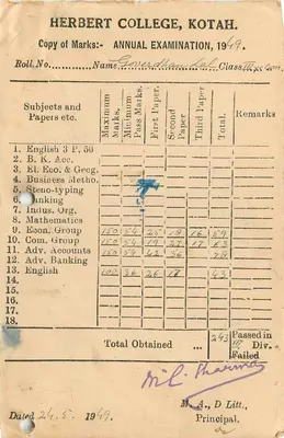 Exame anual do Herbert College, Kotah — 1949 — destinado ao Sr. Vijay Krishna je, Kotah — Verso