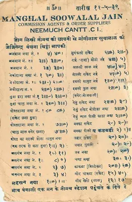Mangilal Soowalal Commission Agents & Order Suppliers — Neemuch Cantt — tekst w pismie devanagari i angielskim — Rewers