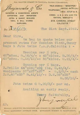 Prensa de Algodão de Hyderabad, Beawar, Marwar — carta comercial de Jhujmvala & Co. — Calcutta, 1942 — Verso