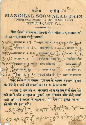 Neemuch Cantt — Mangilal Soowalal Jain Commission Agents & Order Suppliers — kartka pocztowa datowana 9 maja 1939 — Rewers