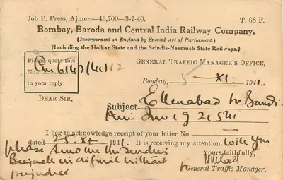 Bombay, Baroda and Central India Railway Company — korespondencja oficjalna — Biuro Generalnego Menedżera Ruchu, Bombay — Rewers