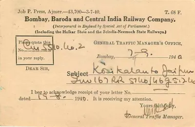 Bombay, Baroda and Central India Railway Company — korespondencja — Job P. Press, Ajmer — Rewers